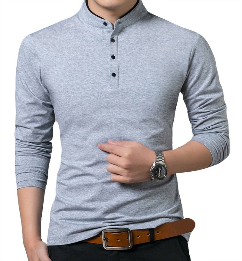 KUYIGO Men's Casual Slim Fit Shirts Long Sleeve Polo Mandarin Collared Lightweight T-Shirts Grey X-Large - Image 1